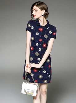 Chic Lapel Flower Print Mini T-shirt Dress