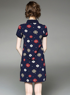Chic Lapel Flower Print Mini T-shirt Dress