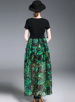 Bohemian Print V-neck Short Sleeve High Waist Maxi Dress 