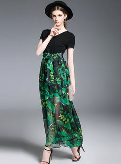Bohemian Print V-neck Short Sleeve High Waist Maxi Dress 