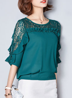 Sexy Lace Splicing Hollow-out Falbala Half Sleeve Blouse 