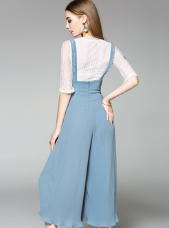 Lace Embroidery Top & Slim Embroidery Wide Leg Overalls