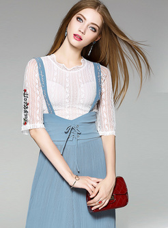 Lace Embroidery Top & Slim Embroidery Wide Leg Overalls