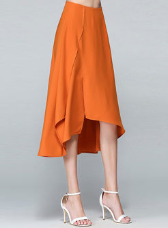 Casual Pure Color Asymmetrical High Waist Falbala Skirt 