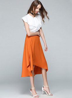 Casual Pure Color Asymmetrical High Waist Falbala Skirt 