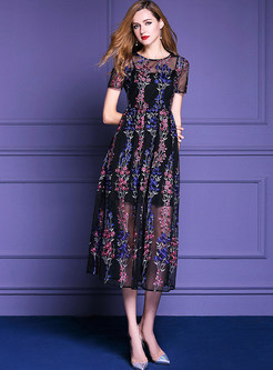 Elegant Embroidered High Waist Short Sleeve Maxi Dress