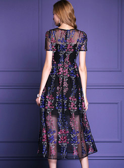 Elegant Embroidered High Waist Short Sleeve Maxi Dress