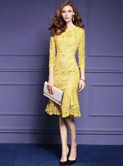 Slim Lace Three Quarters Sleeve Yellow Bodycon Dress