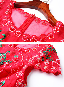 Silk Mesh Embroidered Stitching Short Sleeve Skater Dress