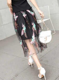 Casual Phoenix Embroidered Perspective Gauze Skirt 