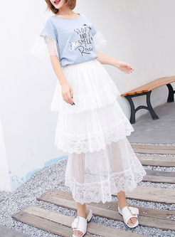Sexy Pure Color Lace Gauze Splicing Pleated Tiered Skirt 