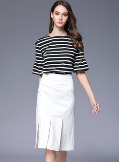 Casual Striated Flare Sleeve T-shirt & Open Fork Pleated Bud Skirt 
