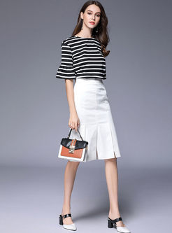 Casual Striated Flare Sleeve T-shirt & Open Fork Pleated Bud Skirt 