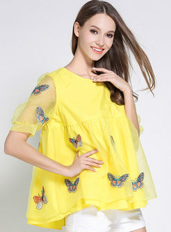 Casual Butterfly Embroidered O-neck Puff Sleeve Loose Blouse 