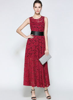 Party Lace Hollow-out Sheath Slim Maxi Dress With Underskirt 