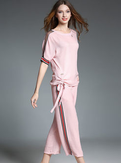 Casual Pure Color Splicing O-neck Short Sleeve T-shirt & Fashionable Loose Wide Leg Pants 