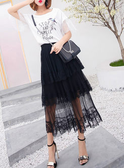 Casual Pure Color Lace Gauze Splicing Pleated Tiered Skirt 