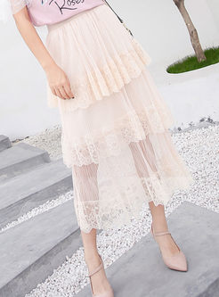 Cute Pure Color Lace Gauze Splicing Pleated Tiered Skirt 