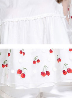 Cute Cherry Embroidered Gauze Splicing Loose Blouse 