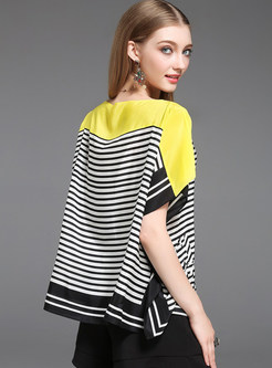Striped Stitching Silk Loose Short Sleeve T-shirt