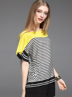 Striped Stitching Silk Loose Short Sleeve T-shirt