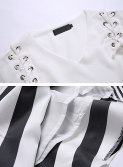 Stylish Chiffon Lotus Leaf Sleeve blouse & Striped A-line Skirt