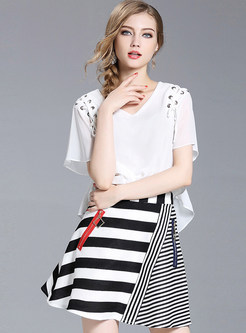 Stylish Chiffon Lotus Leaf Sleeve blouse & Striped A-line Skirt