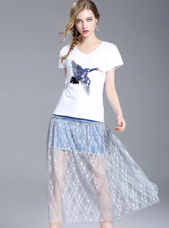 Animal Design Short Sleeve T-shirt & Lace Stitching Denim Mesh See Through Skirt
