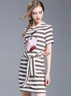 Causal Striped Sequins Short Sleeve T-shirt Dress