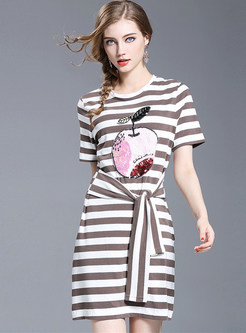 Causal Striped Sequins Short Sleeve T-shirt Dress