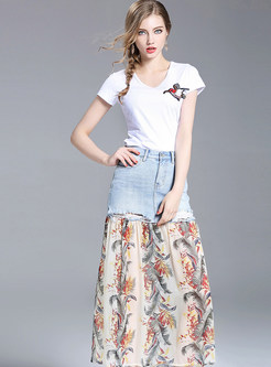 White V-neck Short Sleeve T-shirt & Chic Denim Stitching Chiffon Skirt