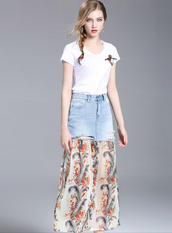 White V-neck Short Sleeve T-shirt & Chic Denim Stitching Chiffon Skirt