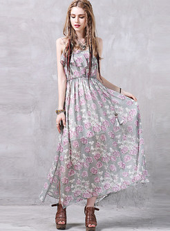 Bohemian Elegant Chiffon Slim Floral Print Maxi Dress