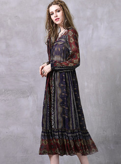 Ethnic Chiffon Floral Print Falbala Maxi Dress