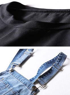 Street O-neck Black T-shirt & Gauze Denim Splicing Asymmetrical Dress 