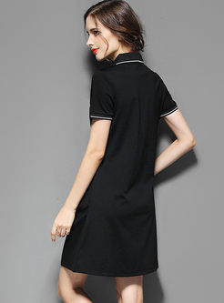 Casual Embroidered Turn-down Collar Short Sleeve T-shirt Dress 