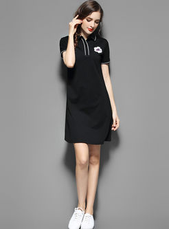 Casual Embroidered Turn-down Collar Short Sleeve T-shirt Dress 