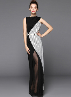 Sexy Perspective Asymmetric Patch Maxi Dress With Underskirt