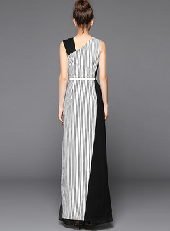 Sexy Perspective Asymmetric Patch Maxi Dress With Underskirt