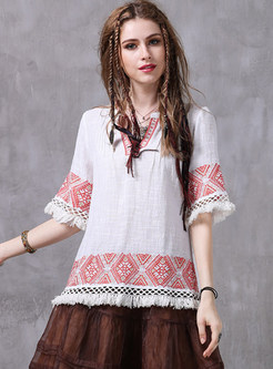 Chic Embroidered Tassels Loose Blouse