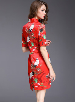 Ethnic Floral Print Short Sleeve Cheongsam Bodycon Dress