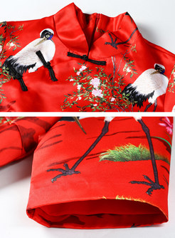 Ethnic Floral Print Short Sleeve Cheongsam Bodycon Dress