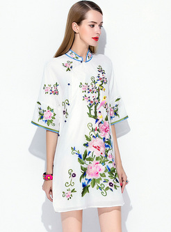 Vintage Embroidery Stand Collar Mini Shift Dress