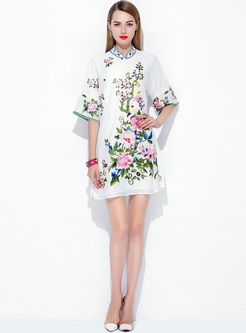 Vintage Embroidery Stand Collar Mini Shift Dress