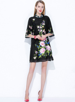 Retro Embroidery Stand Collar Mini Shift Dress