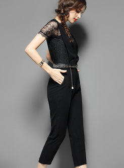 Sexy Lace Hollow-out O-neck Short Sleeve Blouse & Fashionable High Waist Slim Jumpsuits 