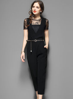 Sexy Lace Hollow-out O-neck Short Sleeve Blouse & Fashionable High Waist Slim Jumpsuits 
