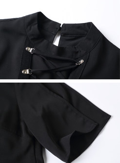 Black Double-Breasted Stand Collar Slit Skater Dress
