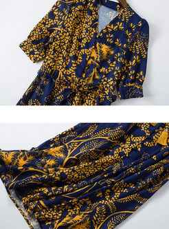 Vintage V-neck Print Half Sleeve Waist Dress