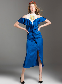 Elegant Embroidery Falbala Bodycon Dress